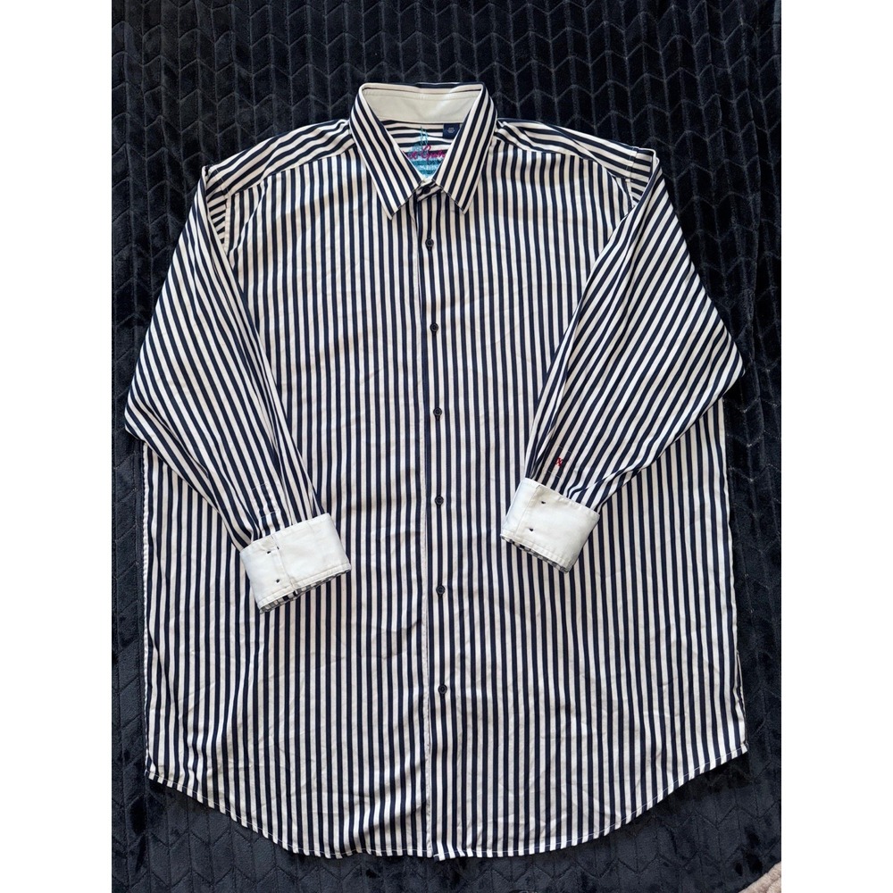 Robert Graham White Blue Stripped Flip Cuff Classic Long Sleeve Shirt Size 2XL